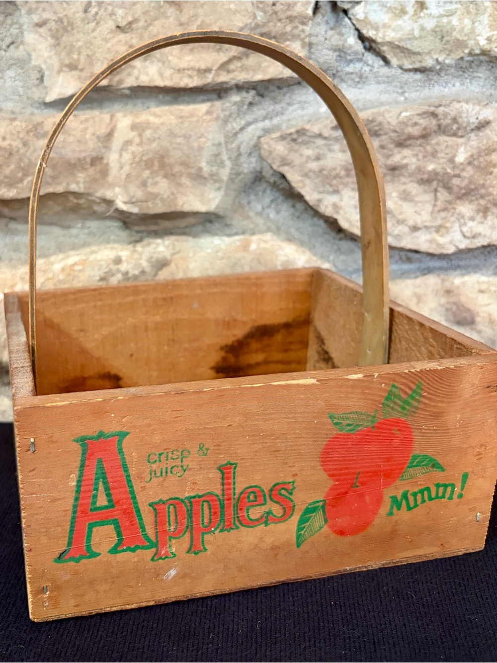 Vintage Apples Wooden Basket with Red Apple Graphics 7.75” x 7” x 3.5”